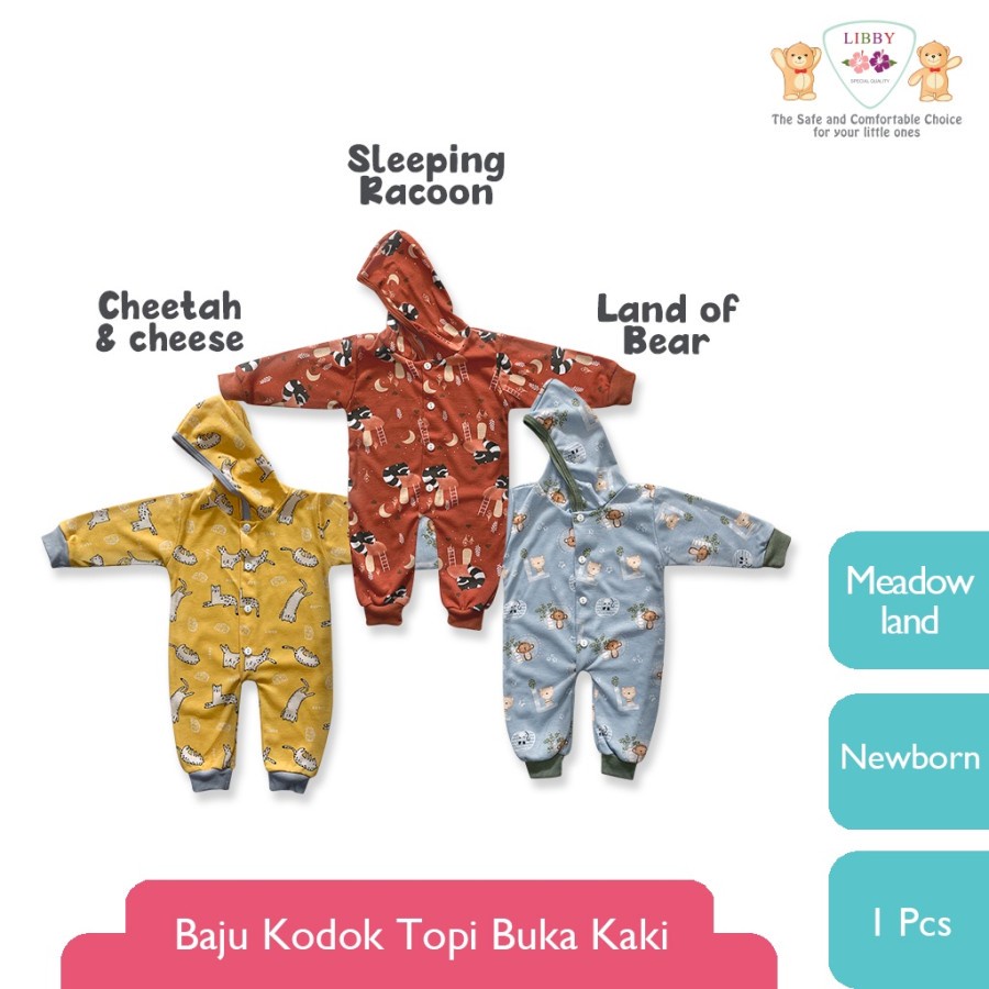 LIBBY BAJU KODOK PANJANG BUKA KAKI PAKAI TOPI [ NEWBORN ] 3PCS