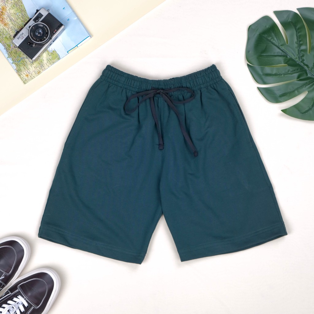 Short Sweatpants Basic Hijau Botol Pria Wanita Katun Anouska
