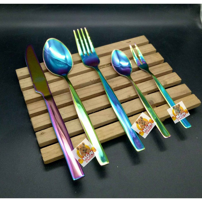 Rainbow Sendok Makan set 5pc pelangi sendok makan lengkap 5pc Gold