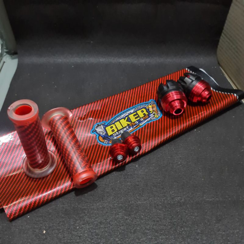 Paket kulit jok karbon / Grip karbon / jalu as merah / jalu stang merah