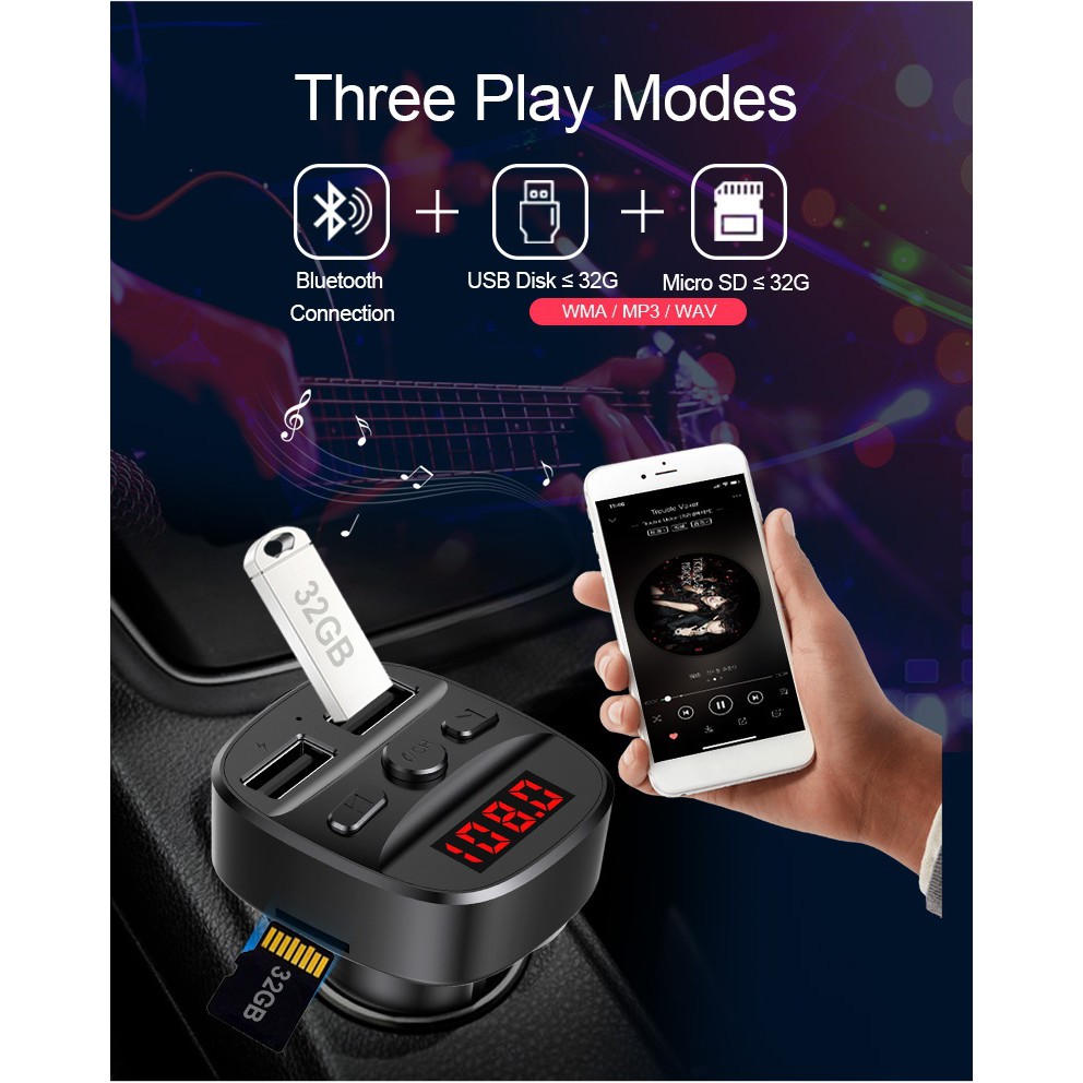 T60 - Bluetooth Handsfree MP3 FM Transmitter Dual USB Port Car Charger - Charger Mobil Dual Port USB