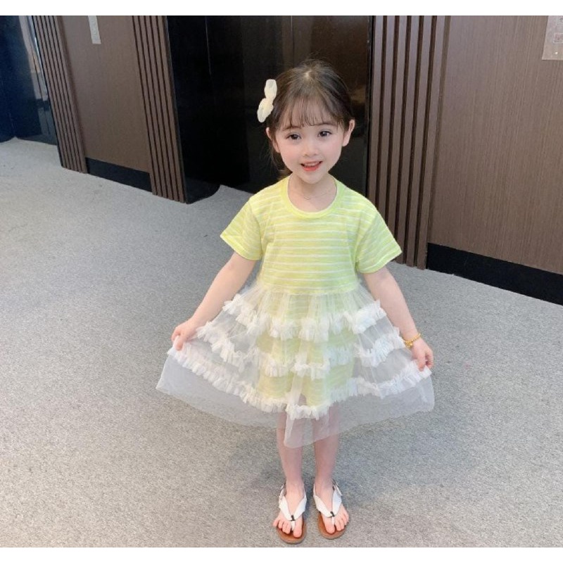 Promo !! Dress anak perempuan - dress pile of lace striped import uk6bln-2thn (putih,kuning) (DOMINAN PUTIH)