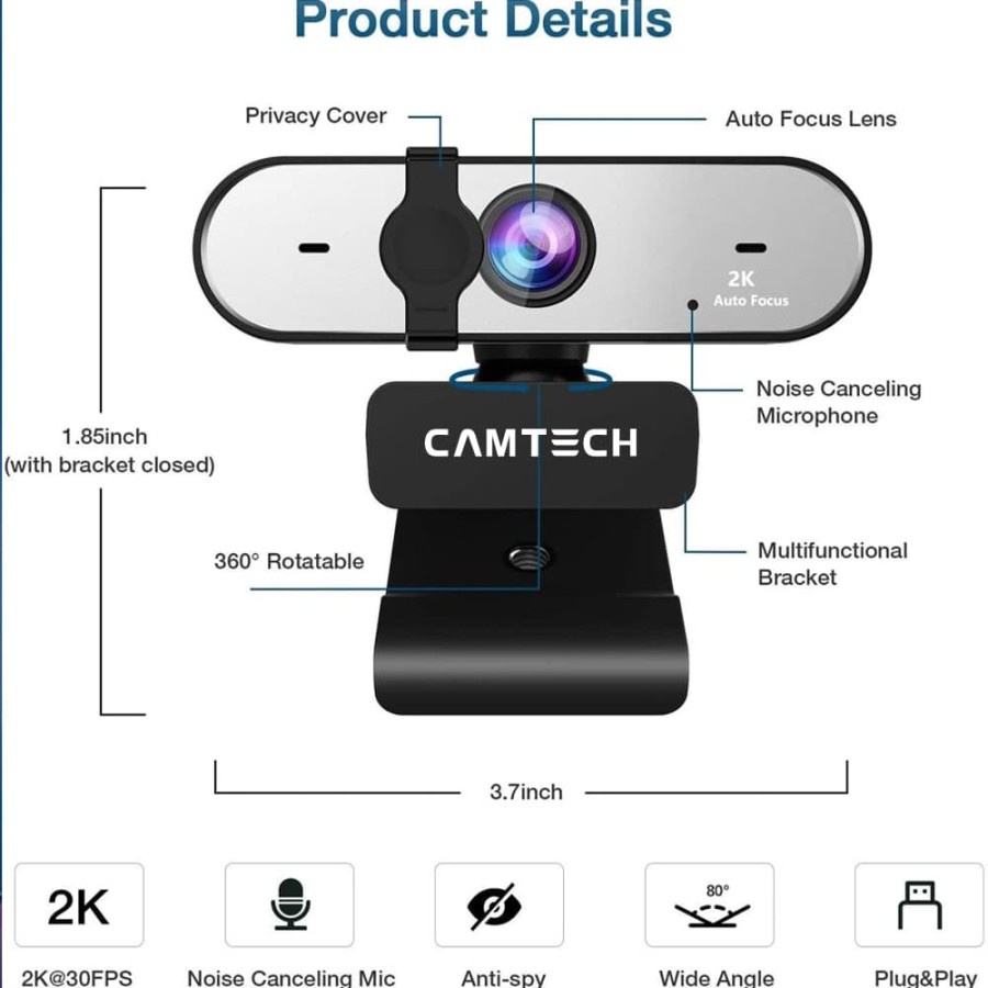 CAMTECH Webcam 2K 4MP CT50 QHD 1440P With Auto Focus