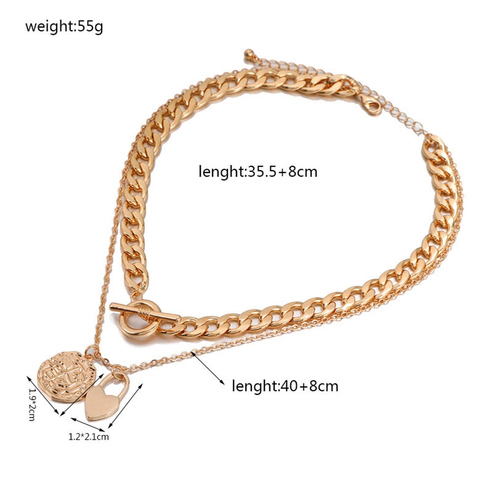 【COD Tangding】New Korea Fashion Style Chain Heart Lock Pendant Two - Layer Necklace Accessories