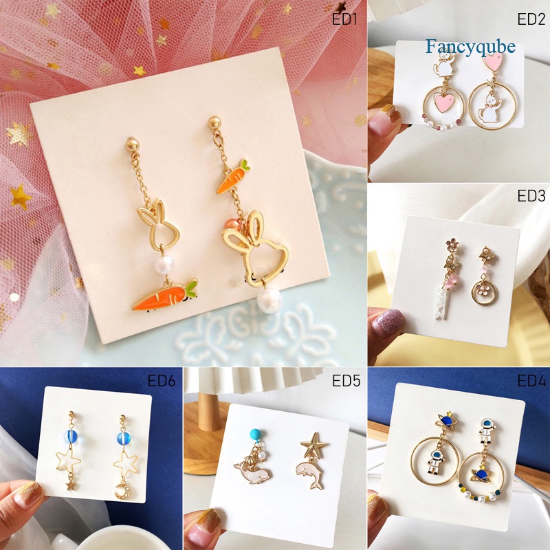 Fancyqube Anting Tusuk Gantung Wanita Desain Kucing / Bulan / Bintang / Bunga Asimetris Untuk Pesta / Hadiah