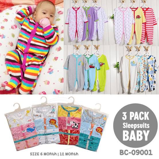 3 PCS SLEEP SUIT BABY /SLEEPSUIT BAYI / BAJU BAYI JUMPSUIT TUTUP KAKI PREMIUM QUALITY (3-12 BULAN)