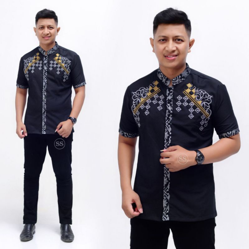 TERBARU Pakain Muslim Pria Koko Batik Pria Kombinasi Bordir Lengan Pendek Perwira Hem Baju Batik Pria Lengan Pendek M L XL XXL