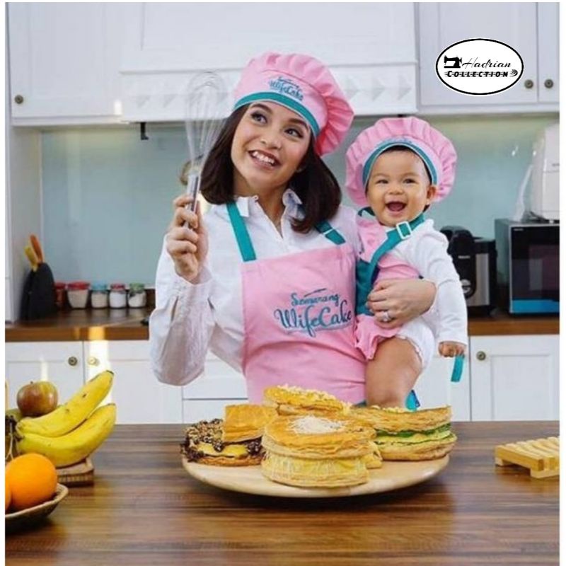 Celemek Apron Topi Koki Kombinasi Warna  - Soft pink dan Coklat ( Bisa Request Warna )