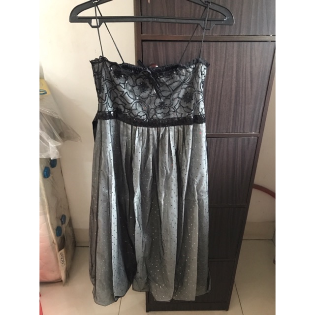 Preloved baju terusan pesta silver black party dress cewek wanita