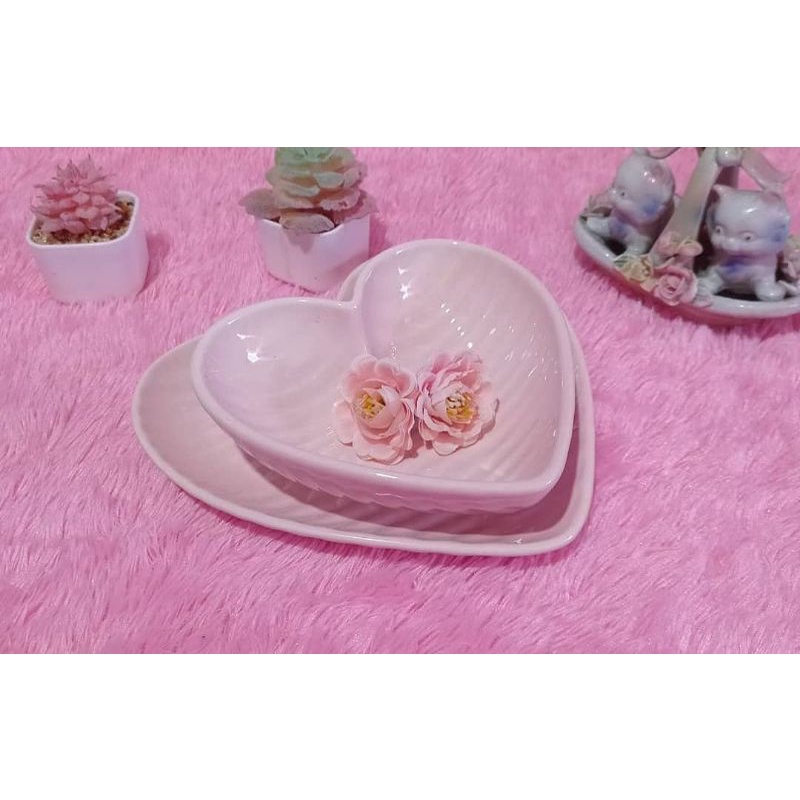 piring mangkok shabby love heart hati set garis pink