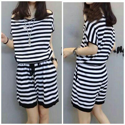 [jamsuit salur RO] jumpsuit wanita spandek salur hitam