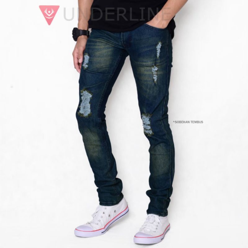 CELANA PANJANG PRIA JEANS BIKER SOBEK ORIGINAL UNDERLINE/CELANA PANJANG RIPPED/CELANA DENIM SOFJEANS