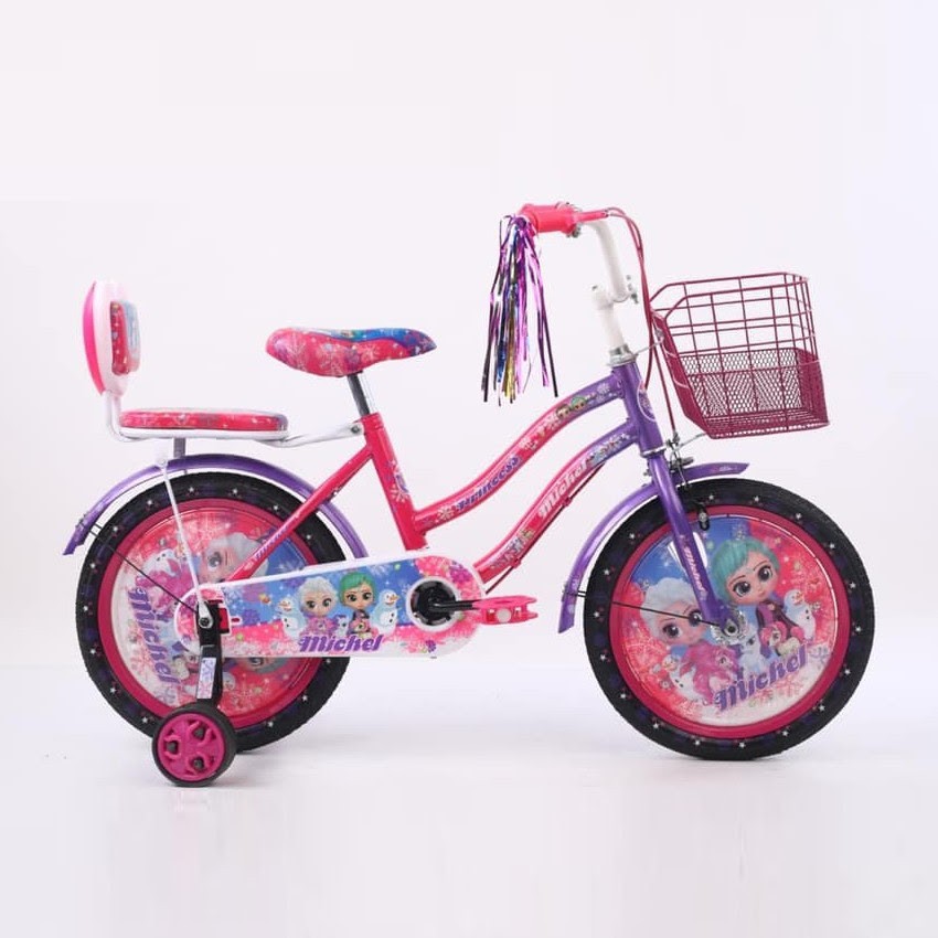 Khusus Gojek Instan Sepeda Anak Perempuan  cewek wanita Evergreen Daisy 12 16 18 inch Ungu Pink termurah  SNI Penguin COD kredit cewek BMX mini Ban hidup pompa karet bukan plastik eva terbaik gratis service seumur hidup keranjang boncengan ungu pink SNi-Princess Pink/Ungu