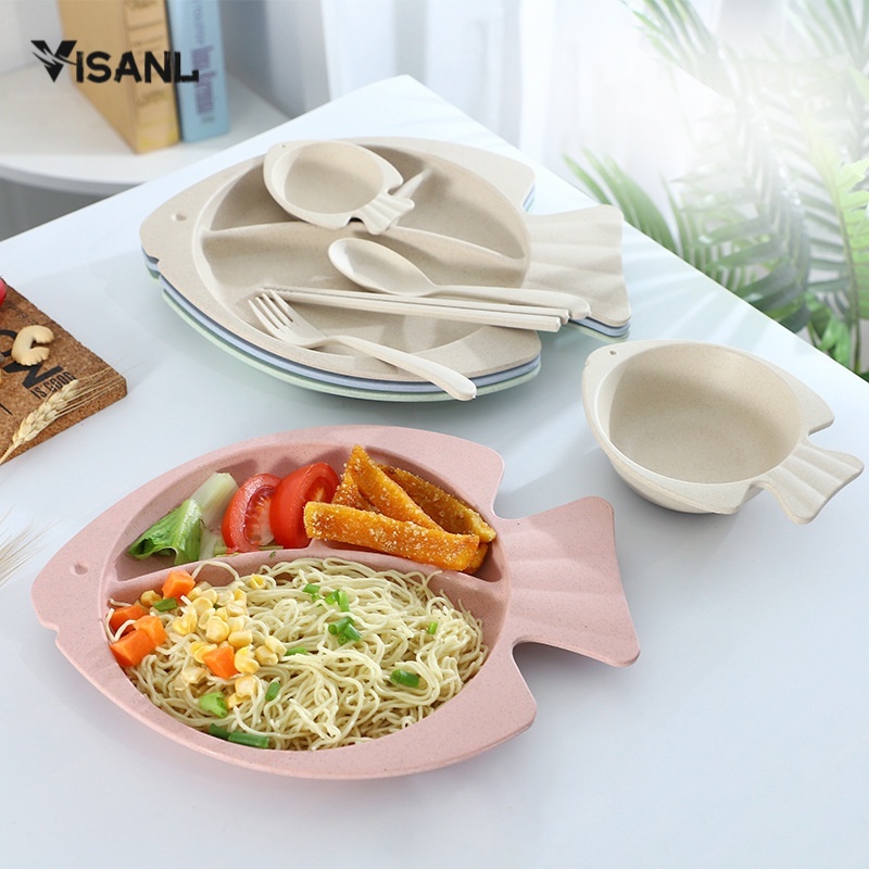 Kartun Plate  Wheatstraw Piring Makan 7 IN 1 BPA free Warna Warni Set Piring Anak Piring Keluarga Mangkuk Saji