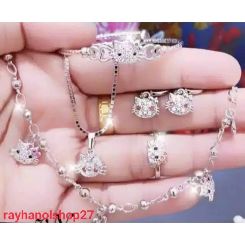 SET PERHIASAN ANAK HELLO KITTY SILVER TITANIUM ASLI BAHAN LAPIS EMAS PUTIH ANTI PUDAR