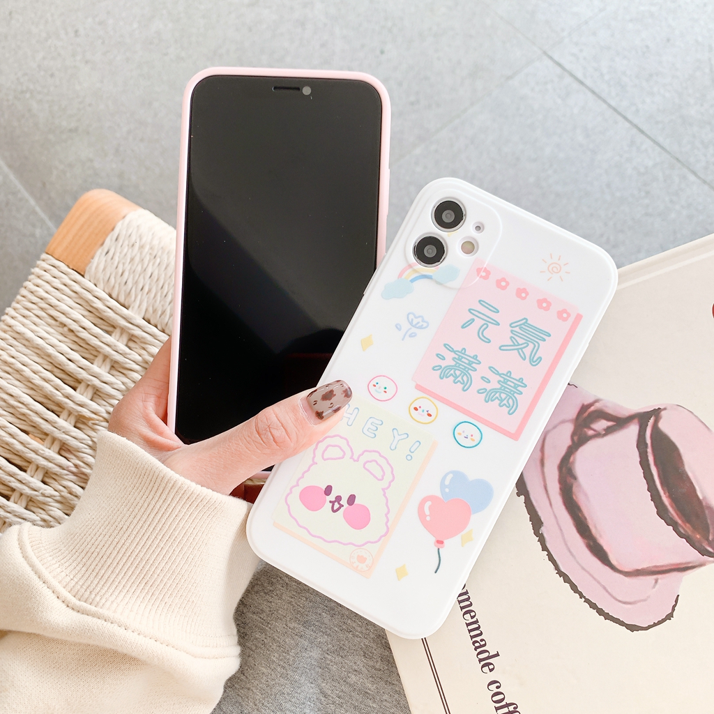 Luck bunny cute Bear pattern white iphone case 6 6s 7 8 plus XR 11 12 mini pro max Straight edge protection camera phone Cover-8