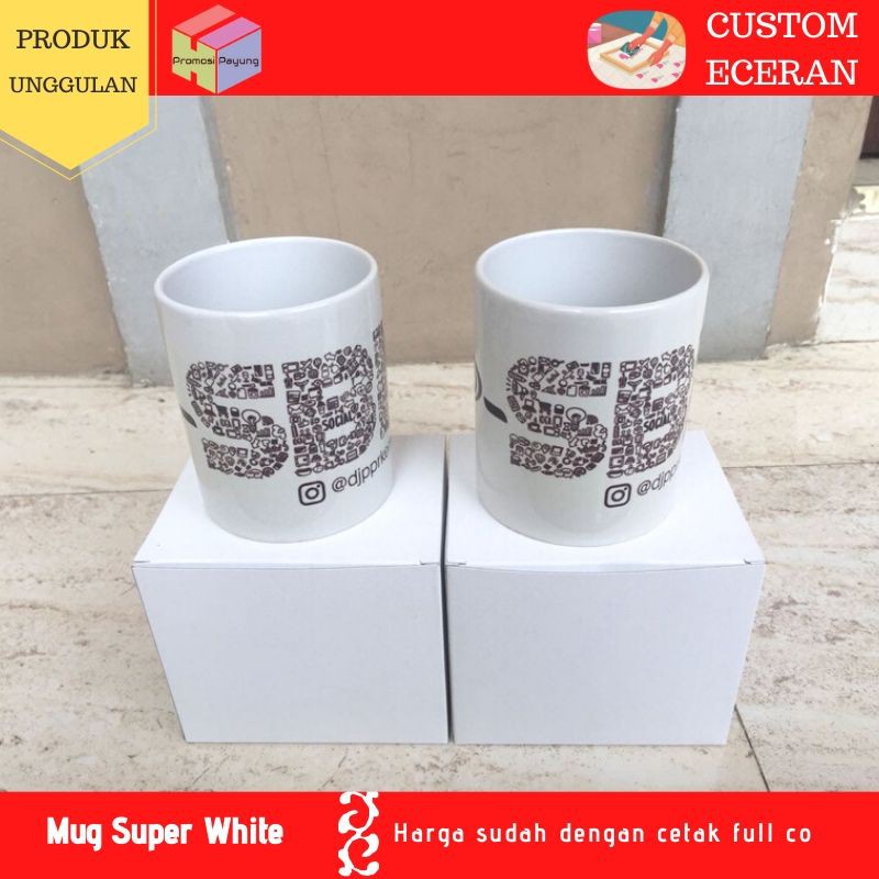 Mug putih coating cetak Custom logo nama TANPA PREORDER free dus FREE BUBBLE WRAP kado souvenir