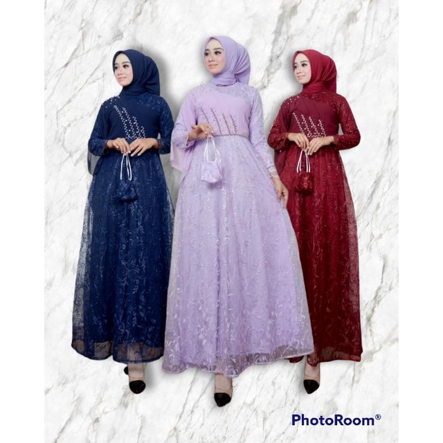 GAMIS ELMIRA SELENDANG GAMIS MODERN GAMIS TULLE BAJU PESTA OUTFIT KONDANGAN FASHION WANITA DRESS MUS