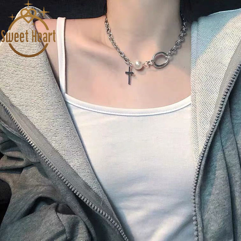 Vintage Pearl Lock Chains Necklace Geometric Cross Pendant Necklaces for Women Punk Jewelry