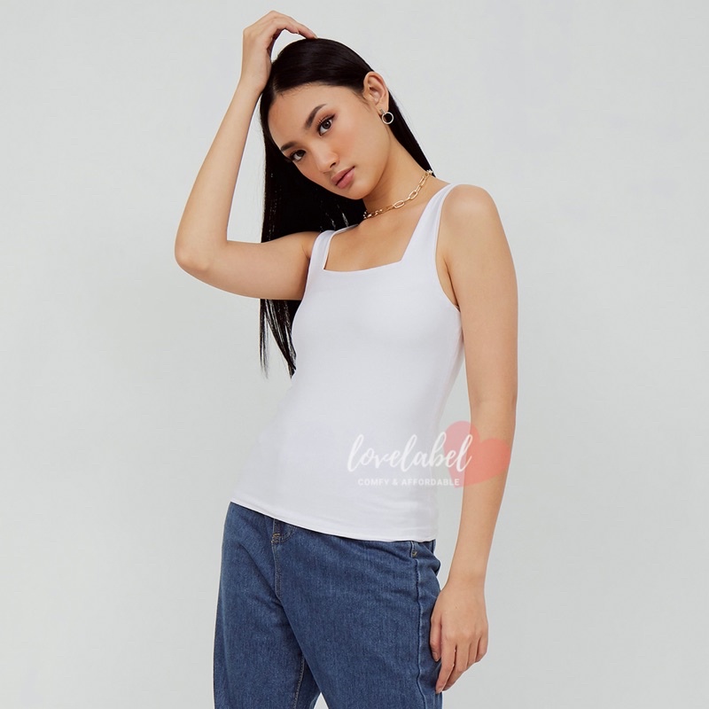 Cessa Tanktop Square Kotak Wanita Jersey Tebal Atasan Kamisol-Putih L