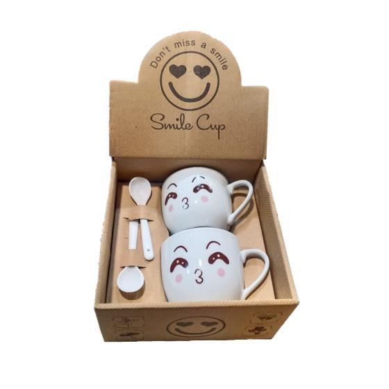 OSM - H844 (2PCS)Cangkir Keramik Set Sendok / Gelas Motif Emoji & Angka Love / Cangkir Karakter Unik-Emoji Kedip 2 Mata
