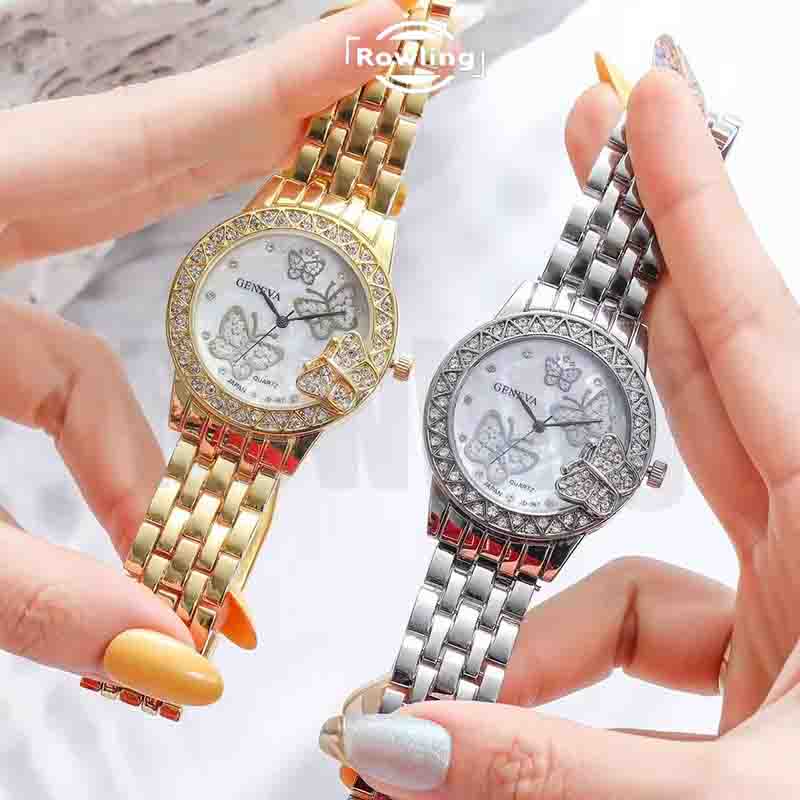 Rowling (Jam-27) Jam Tangan Wanita Bulat Besar Stainless Jam Tangan Wanita Quartz Kupu-Kupu Diamond dengan Strap Stainless Steel Import