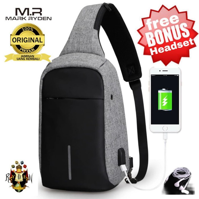 tas slempang original merek Mark Ryden usb anti maling - Hitam