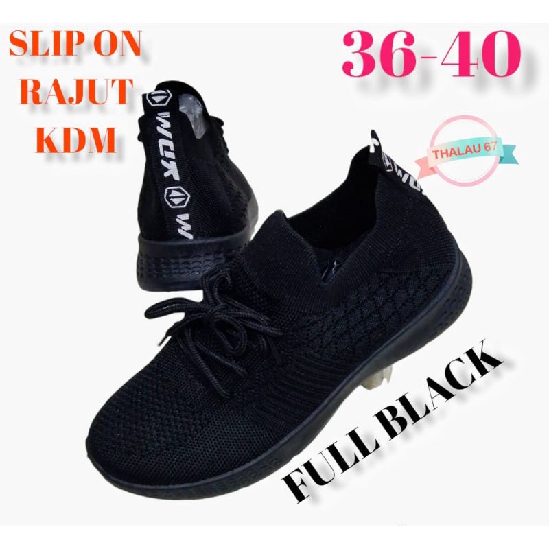 SEPATU RAJUT KDM IMPORT//SEPATU RUNNING//SEPATU SLIP ON WANITA//FULL BLACK.