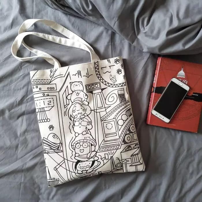 Tote Bag Wanita Simple Sekolah Kuliah Polos Korea Marhen  A7B2 tas ada resleting bahan kanvas teba