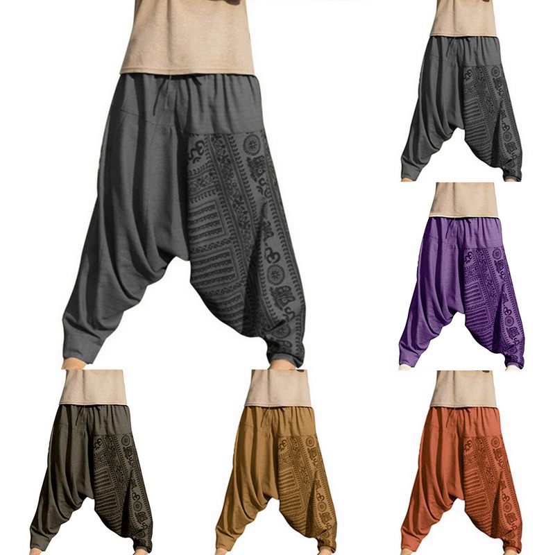 2020 Vintage Men Harem Pants Drop Crotch Hip Hop Pants Print Pencil Sweatpants Casual Loose Retro Co