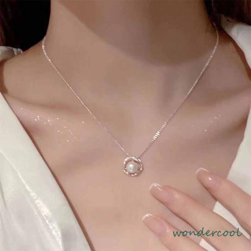 Kalung Rantai Liontin Bunga Mawar Hollow Hias Mutiara Imitasi Mewah Untuk Wanita XIA.ID-Won