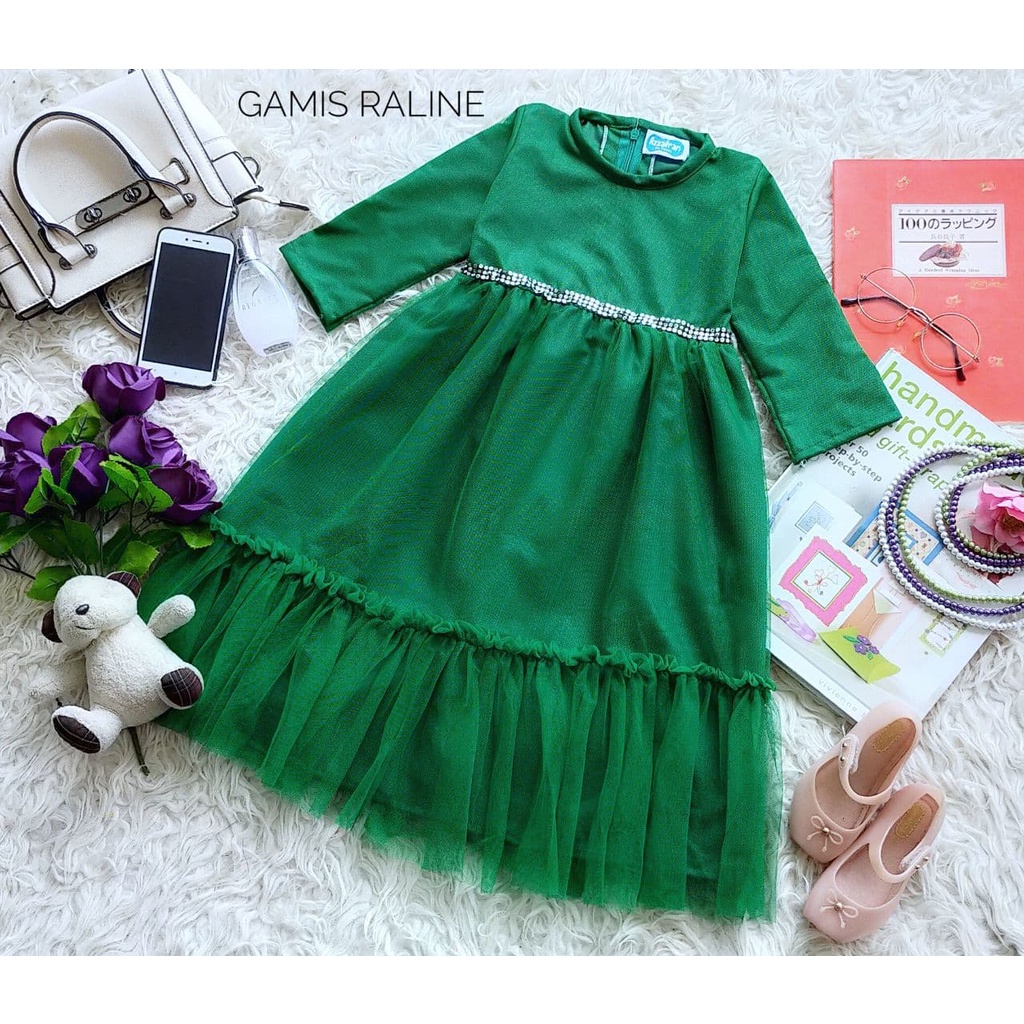 Gamis Raline/Gamis Wanita Kekinian/Gamis Model Terbaru/Gamis Lebaran Warna Hijau Botol