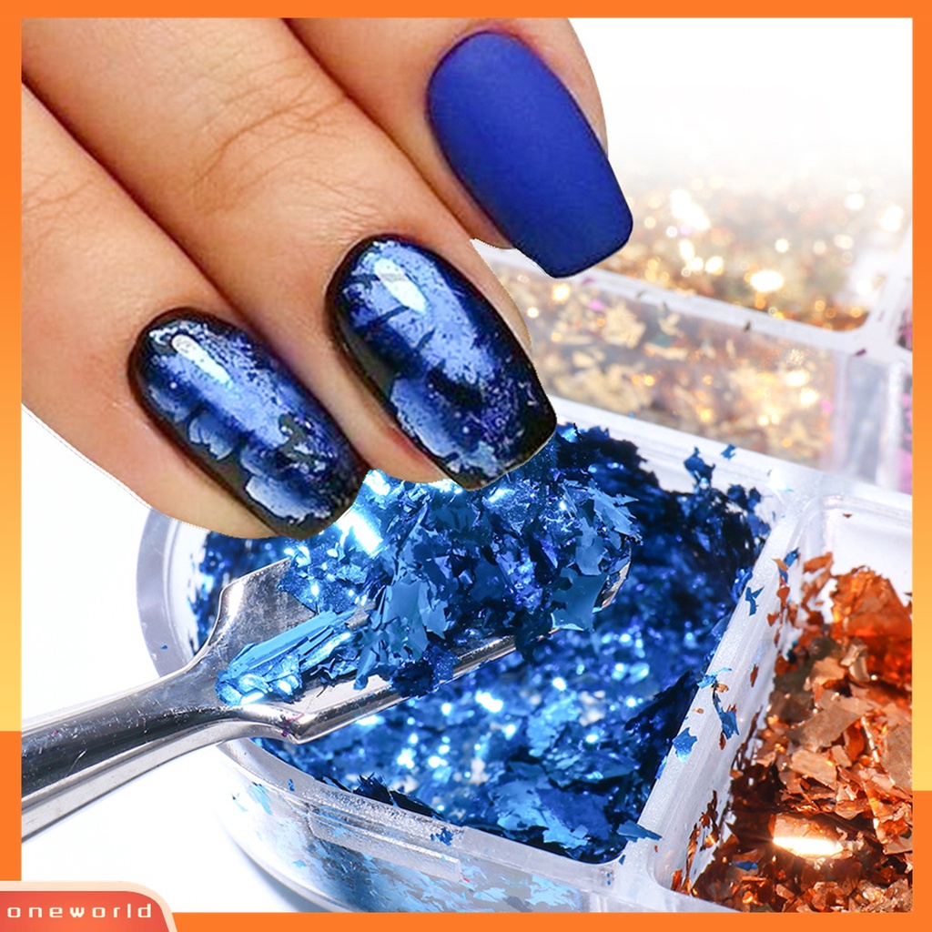 (ONWO) 6 Sekat / Kotak Stiker Foil Decal Kuku Motif Tekstur Berkilau Untuk Manicure / Nail Art