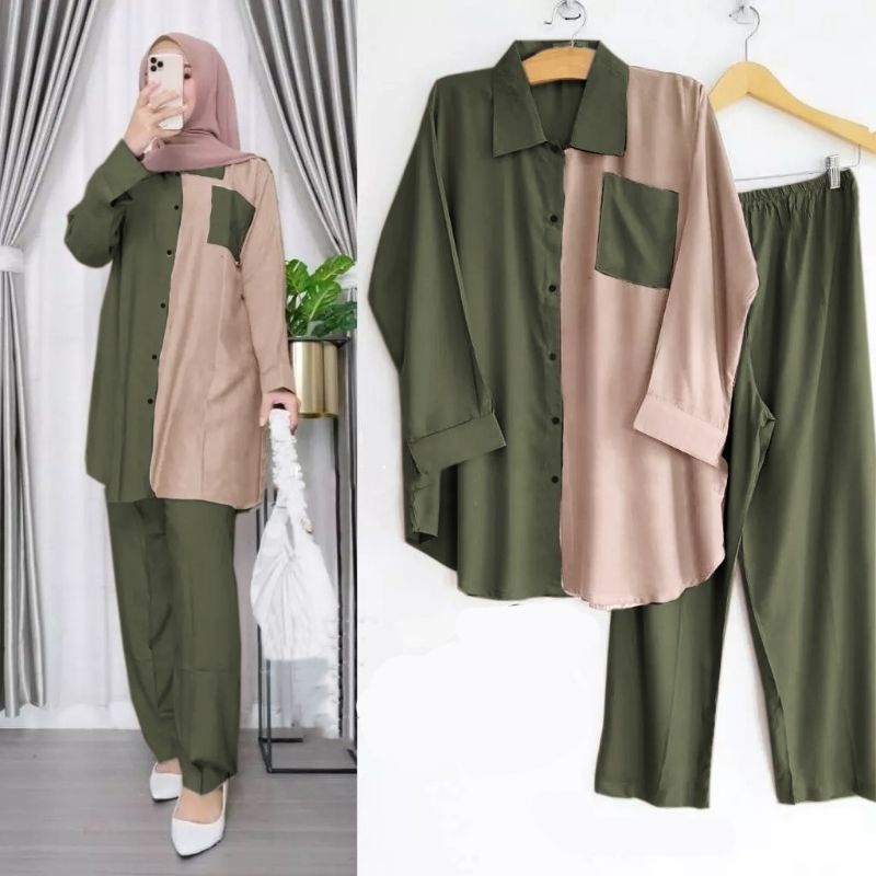 Setelan Basic / Baju Stelan / Basic Daily Set (Baju + Celana) Set Wanita Terbaru // Stelan Kemeja Polos Rayon Kombinasi // TONNI DJAYA