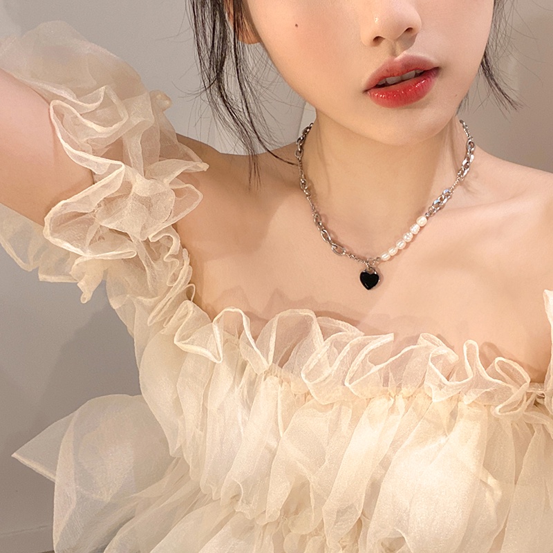 AY(CN) Y2k Kalung Choker Rantai Silver Liontin Hati Hias Mutiara Untuk Wanita