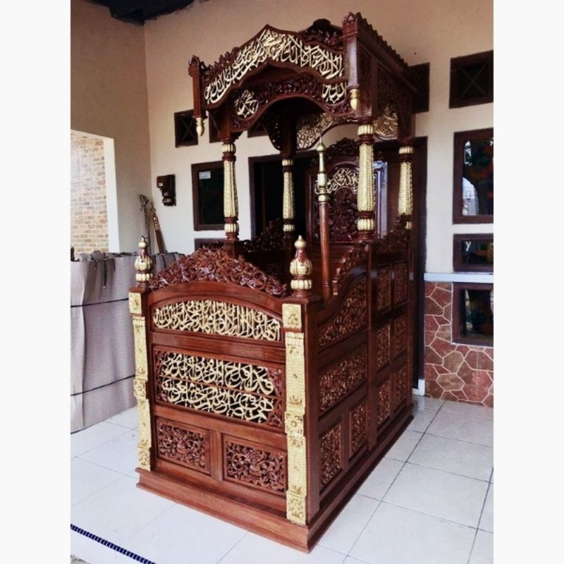Mimbar Masjid Kubah Full Kaligrafi Ukir + nama masjid dan tongkat Kayu Jati