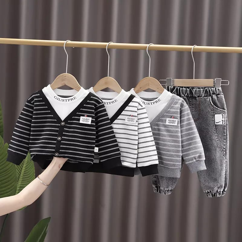 [COD]  Setelan anak laki laki impor premium Motif Cardigan Grey&amp;Black usia 0-4 Tahun/Brownieground