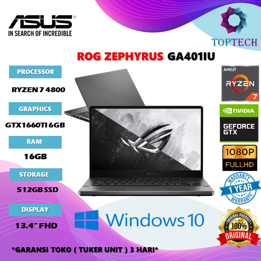laptop gaming asus rog zephyrus ga401iu amd ryzen 7 4800 gtx1660ti 6gb ram 16gb 512ssd w10 14 0fhd 1