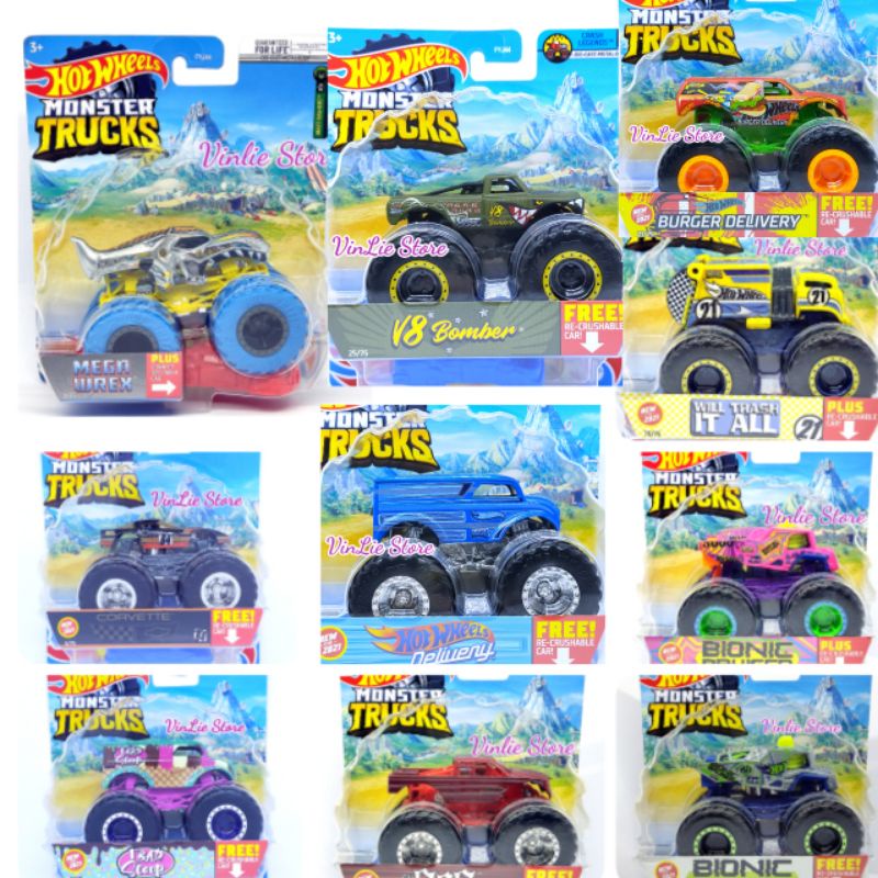 HOT WHEELS MONSTER TRUCKS mobil giant wheels monster truck mega wrex v8 bomber will it trash bionic 