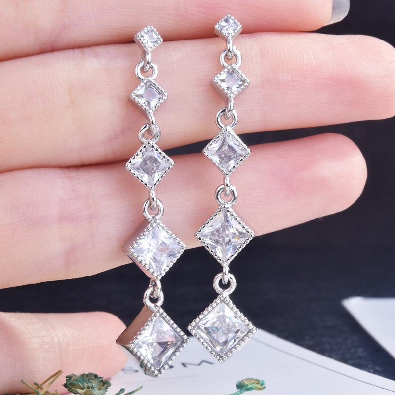 Fancyqube Anting Tusuk Gantung Panjang Silver 925 Desain Geometri Kotak Hias Zircon Aaa Untuk Wanita
