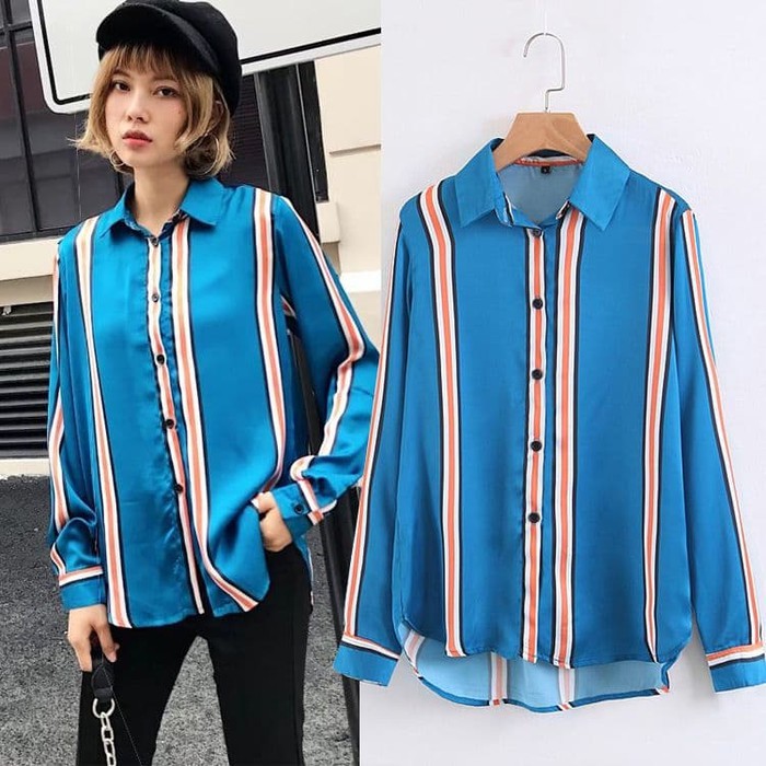 A864541 BAJU KEMEJA BIRU ELEKTRIK LENGAN PANJANG CEWEK KEREN MODIS TRENDY GARIS STRIPE ZARA PREMIUM