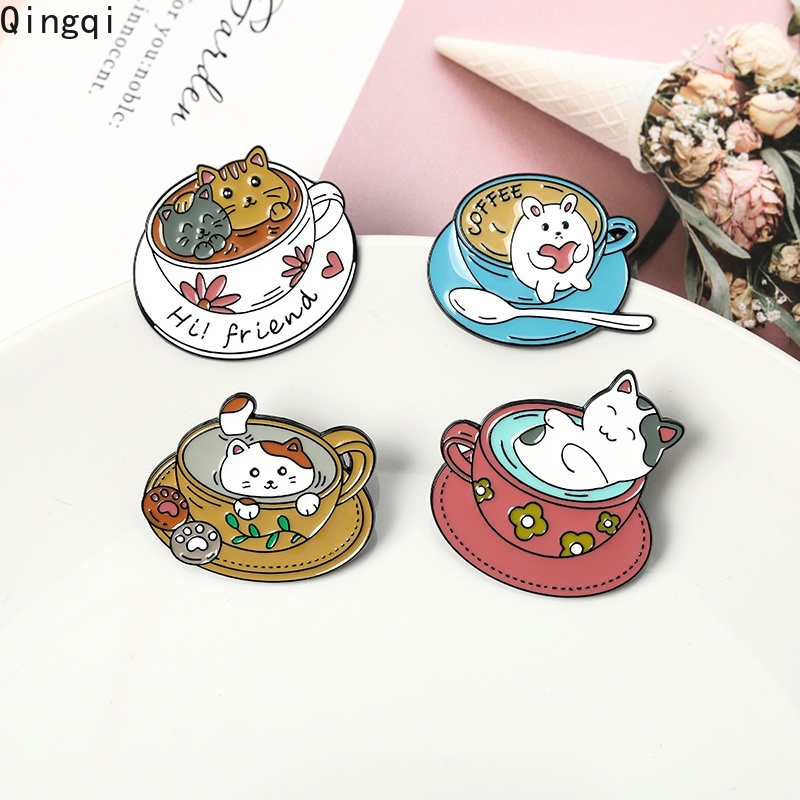 Bros Pin Enamel Bentuk Kartun Kucing Cangkir Kopi Untuk Hadiah