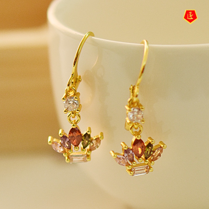 [Ready Stock]18K Gold Crowns Colored Gemstone Earrings Simple Personality