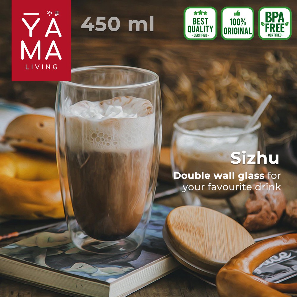 YAMA SIZHU Double Wall Glass Gelas Kaca Cafe Tinggi Anti Panas  Borosilicate 450 ml