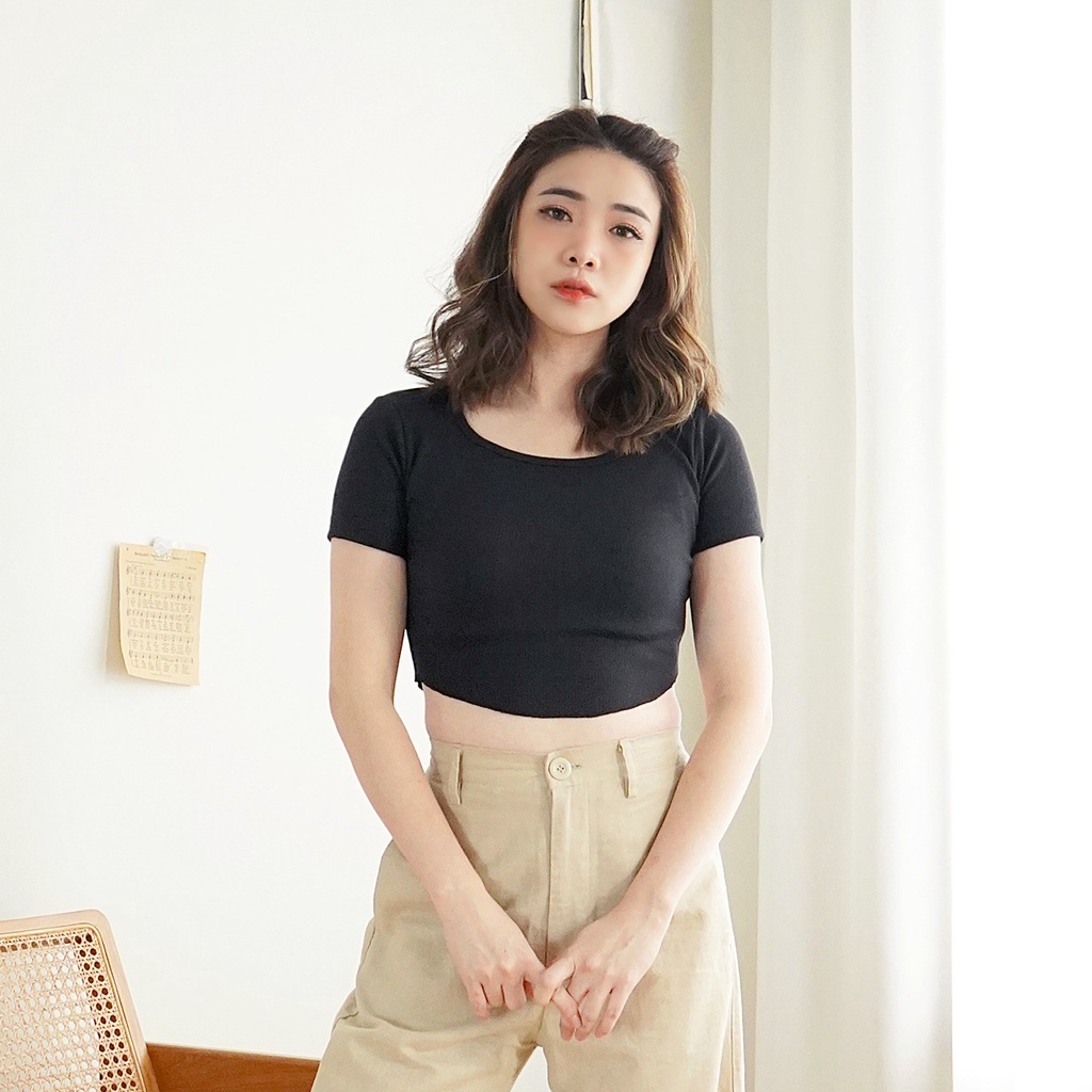 Korean Knit Crop Tee Unfinished Kaos Wanita Crop Top Korea 098