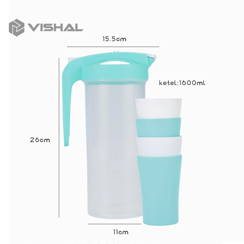 VISHAL Wadah Plastik Dengan 4 Cangkir Cangkir Air Dingin Eskan Air Minum / Teko Plastik VS-29