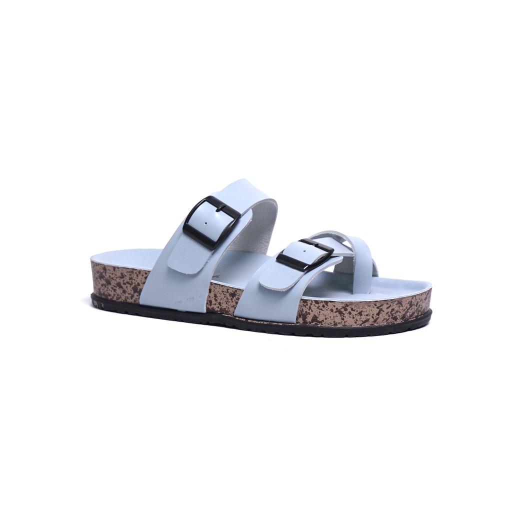 Sara Sara KELLY Sandal wanita casual sandal slop kulit sol puyuh kekinian  birken ban dua  silang-Blue