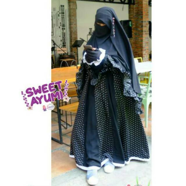 Gamis sweet ayumi motif polkadot dan daun set syari maxmara kombinasi wollcrepe dari zahidah