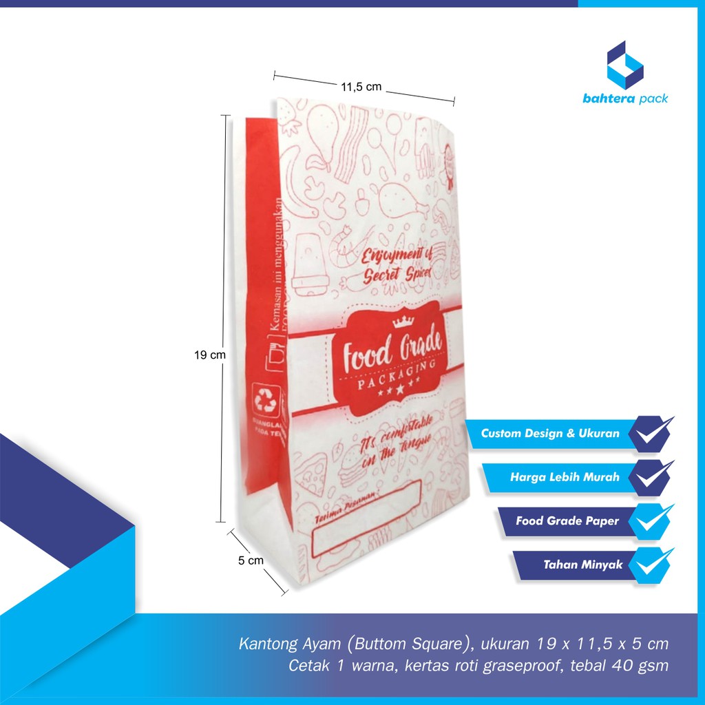 

Kantong Fried Chicken Cetak (Buttom Square), uk.11.5 x 19 x 5 cm isi 100 pcs