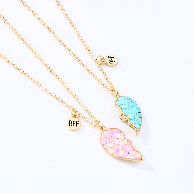 Set Kalung Rantai Liontin Hati Sequin Batu Magnet BFF Good Friend Untuk Anak Perempuan